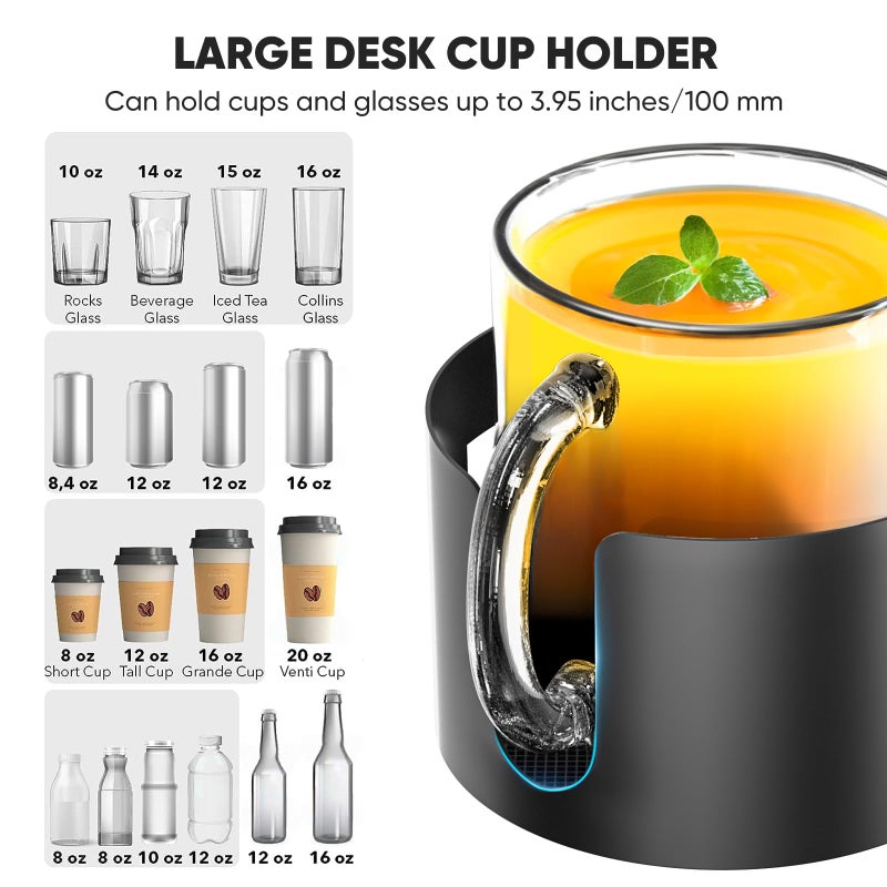 OOKUU Upgraded Large Desk Cup Holder Clamp, OOKUU Anti-Spill Table Cup Holder, Metal Office & PC Gaming Desk Accessories, Compatible with Universal Cup, Bottles, Pencil Holder (Black) - Image 3