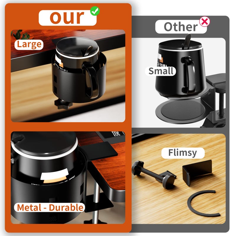 OOKUU Upgraded Large Desk Cup Holder Clamp, OOKUU Anti-Spill Table Cup Holder, Metal Office & PC Gaming Desk Accessories, Compatible with Universal Cup, Bottles, Pencil Holder (Black) - Image 2