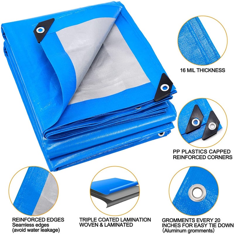 HAPPY CHEERS Blue Tarp, Tarps Heavy Duty Waterproof 10x20, Waterproof Plastic Poly 16 Mil Thick Tarpaulin with Metal Grommets Every 19.5 Inches - Emergency Rain Shelter, Outdoor Cover, and Camping Use - Image 2