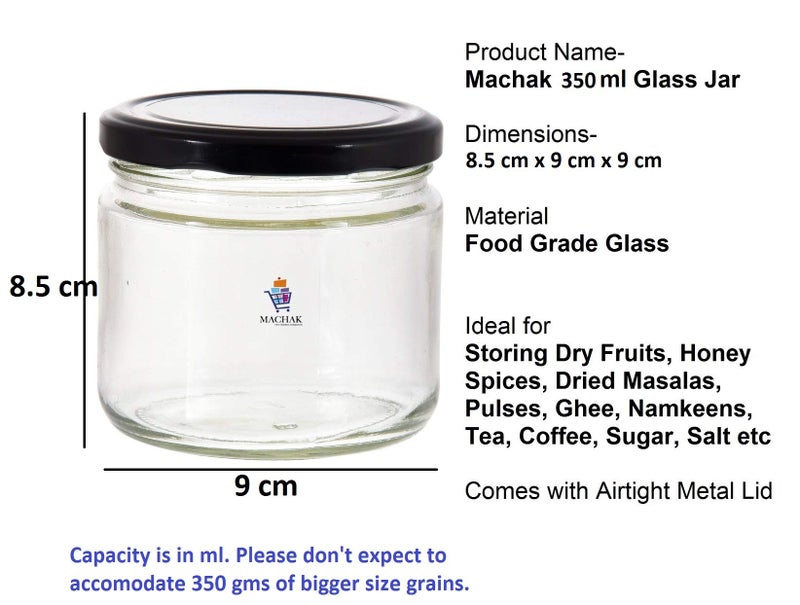 MACHAK Round Glass Jar For Kitchen Container For Storage Airtight, 350ml, Black Lid (8) - Image 2