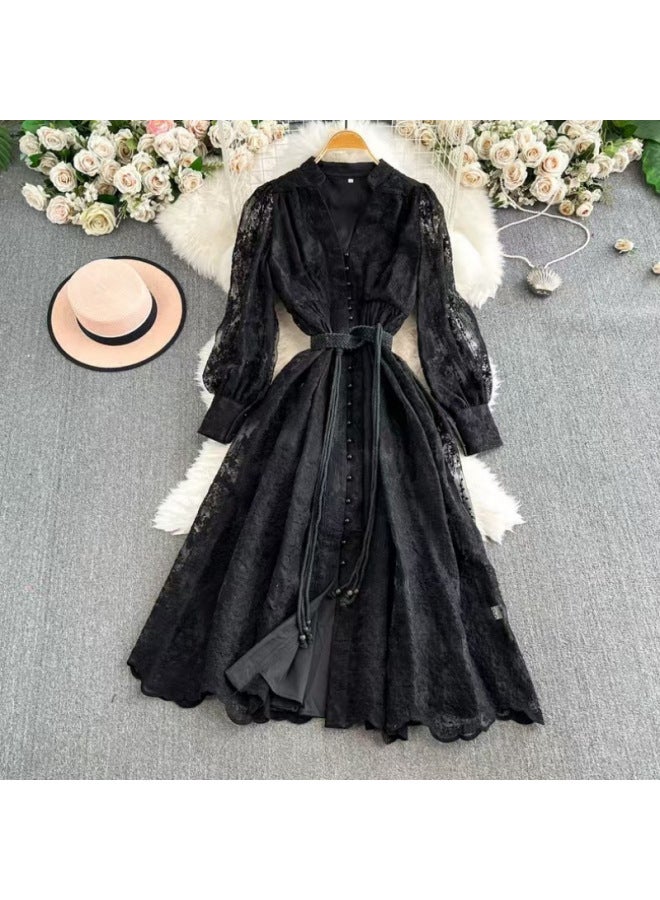 Women's Dress Spring Waist Heavy Embroidery V Neck Lantern Sleeve Single Breasted Long Skirt