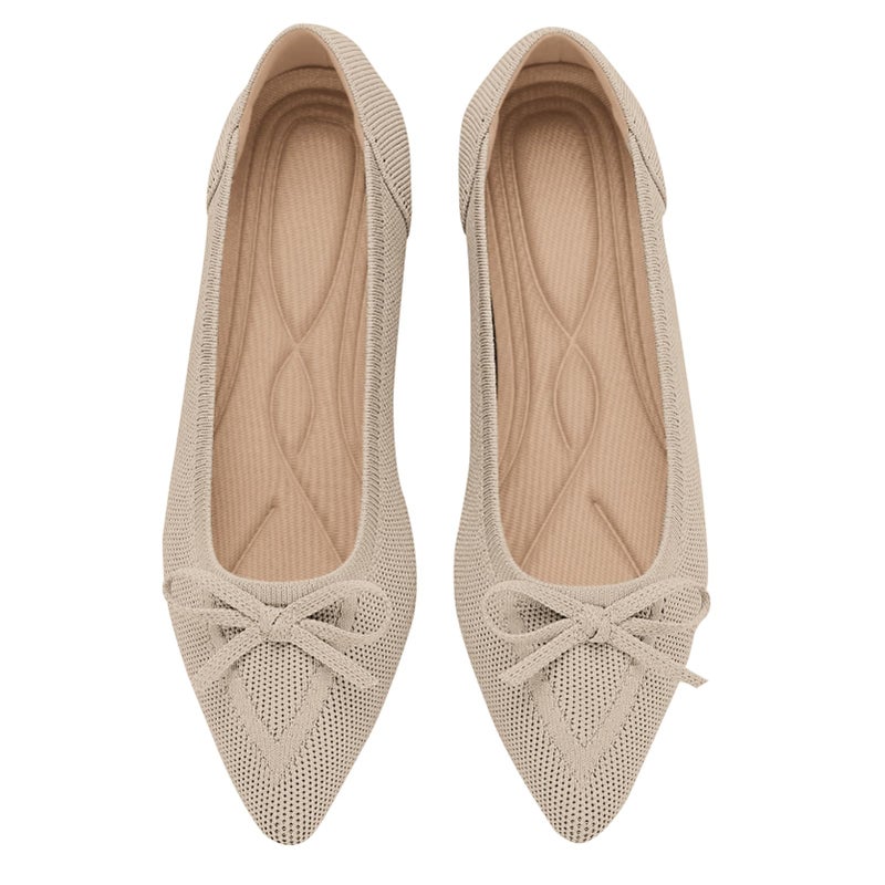 TINGRISE Womens Flats Pointed Toe Bow Knit Ballet Shoes Comfortable Dressy Mesh Slip On Flat Begie US7 Beige - Image 2
