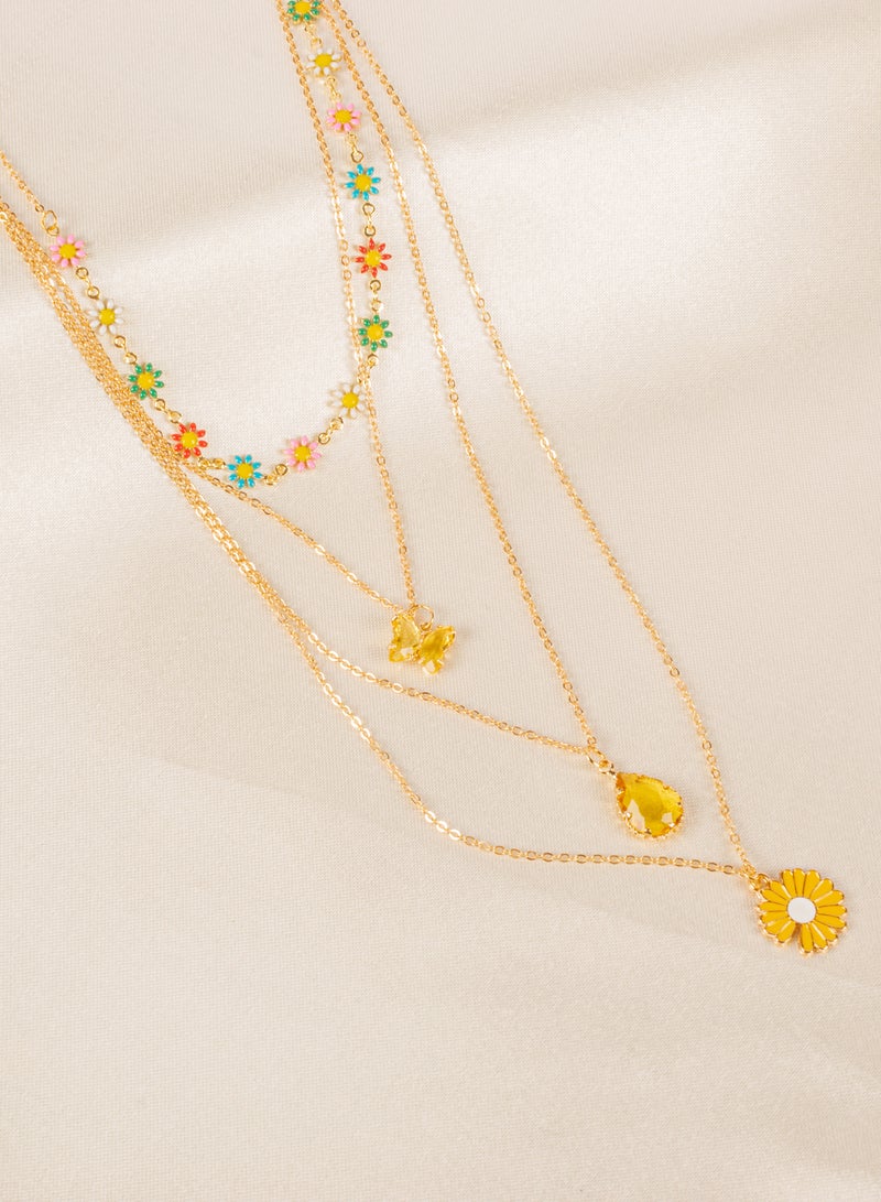 Colorful Flowers Multi Layers Chinses Gold Necklace with Yellow Butterfly Pendant
