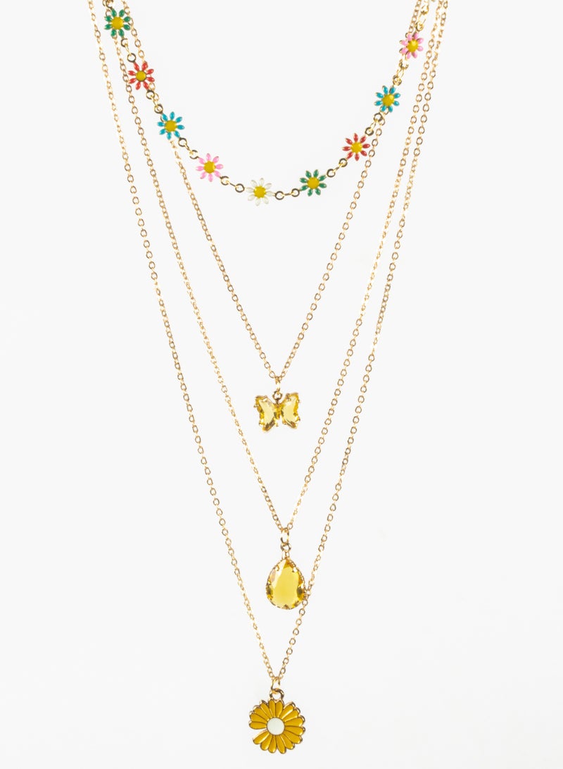 Colorful Flowers Multi Layers Chinses Gold Necklace with Yellow Butterfly Pendant