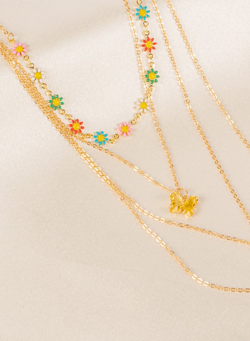 Colorful Flowers Multi Layers Chinses Gold Necklace with Yellow Butterfly Pendant