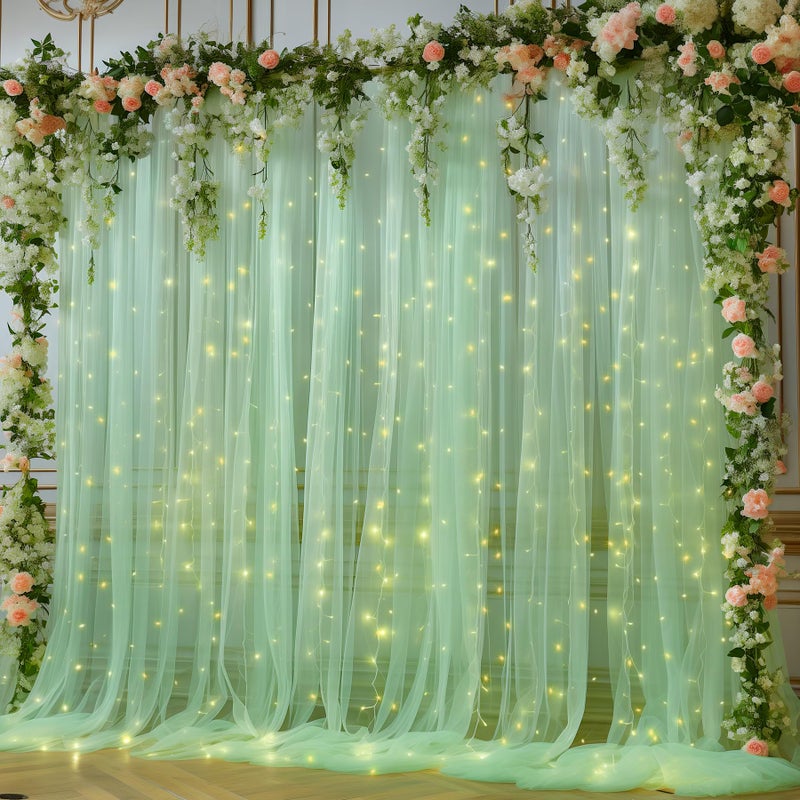 PARTISKY 10x10ft Olive Green Tulle Backdrop Curtain with Lights String for Parites, Sheer Photo Backdrop Curtains for Wedding Baby Shower Birthday Party St. Patrick's Day Photo Shoot Background Decorations - Image 1