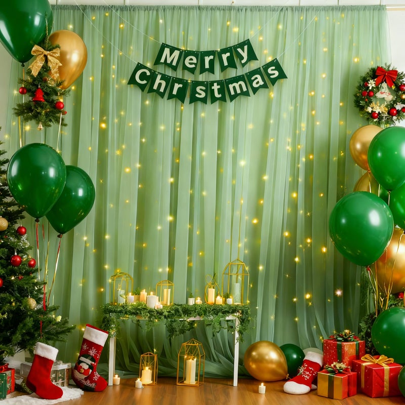PARTISKY 10x10ft Olive Green Tulle Backdrop Curtain with Lights String for Parites, Sheer Photo Backdrop Curtains for Wedding Baby Shower Birthday Party St. Patrick's Day Photo Shoot Background Decorations - Image 2