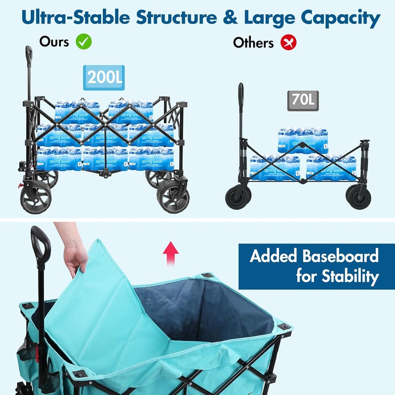 VILLEY Collapsible Folding Wagon with Big Wheels, All Terrain Beach Wagon Cart Heavy Duty Foldable, Enlarged 102kg Capacity, Portable Utility Garden Cart with 2 Cup Holders and Brake, Blue - Image 2