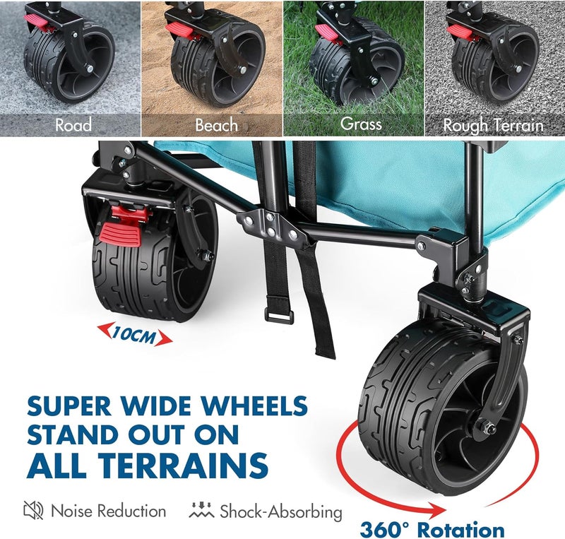 VILLEY Collapsible Folding Wagon with Big Wheels, All Terrain Beach Wagon Cart Heavy Duty Foldable, Enlarged 102kg Capacity, Portable Utility Garden Cart with 2 Cup Holders and Brake, Blue - Image 5