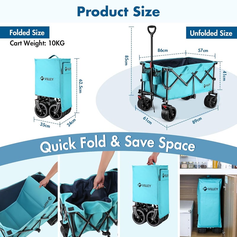 VILLEY Collapsible Folding Wagon with Big Wheels, All Terrain Beach Wagon Cart Heavy Duty Foldable, Enlarged 102kg Capacity, Portable Utility Garden Cart with 2 Cup Holders and Brake, Blue - Image 3