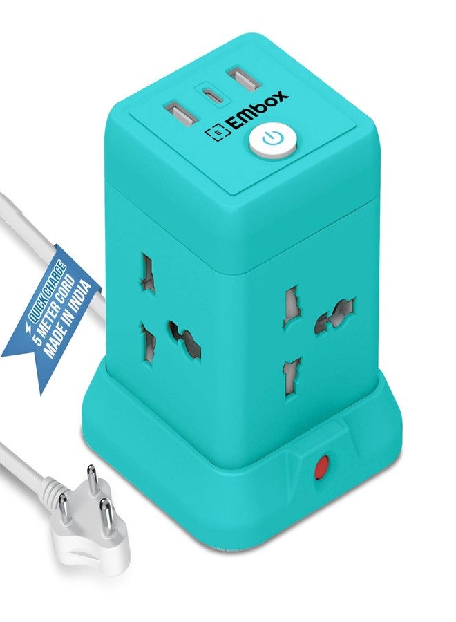 EMBOX لوحة تمديد كهربائية مكعبة من إمبوكس، كابل بطول 5 أمتار، منفذ USB من النوع C، (2.4 أمبير) (شحن سريع 3.0)، مقابس عالمية، قدرة 2500 واط، مزودة بمفاتيح، وغطاء أمان، وحماية من الحمل الزائد. - Image 1
