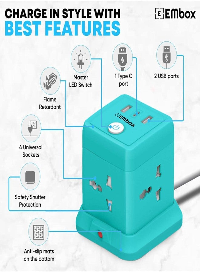 EMBOX لوحة تمديد كهربائية مكعبة من إمبوكس، كابل بطول 5 أمتار، منفذ USB من النوع C، (2.4 أمبير) (شحن سريع 3.0)، مقابس عالمية، قدرة 2500 واط، مزودة بمفاتيح، وغطاء أمان، وحماية من الحمل الزائد. - Image 4