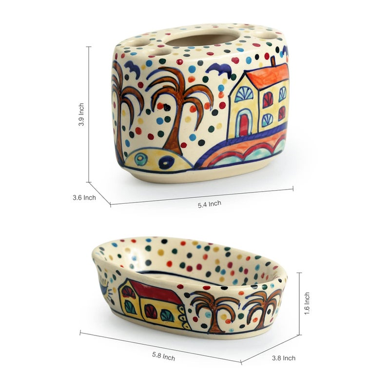 ExclusiveLane ExclusiveLane 'The Hut Essentials' Hand-Painted Ceramic Bathroom Accessory Set of 3 (Liquid Soap Dispenser, Soap Tray, Toothbrush Holder) (EL-022-025)  - Image 4