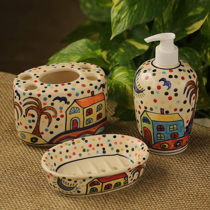 ExclusiveLane ExclusiveLane 'The Hut Essentials' Hand-Painted Ceramic Bathroom Accessory Set of 3 (Liquid Soap Dispenser, Soap Tray, Toothbrush Holder) (EL-022-025)  - Image 1