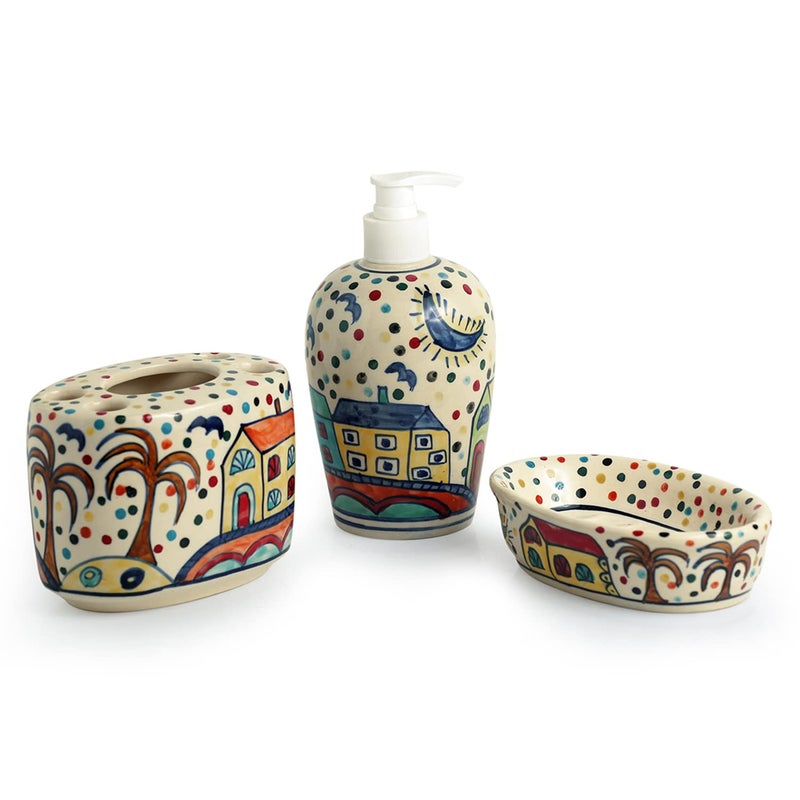 ExclusiveLane ExclusiveLane 'The Hut Essentials' Hand-Painted Ceramic Bathroom Accessory Set of 3 (Liquid Soap Dispenser, Soap Tray, Toothbrush Holder) (EL-022-025)  - Image 2