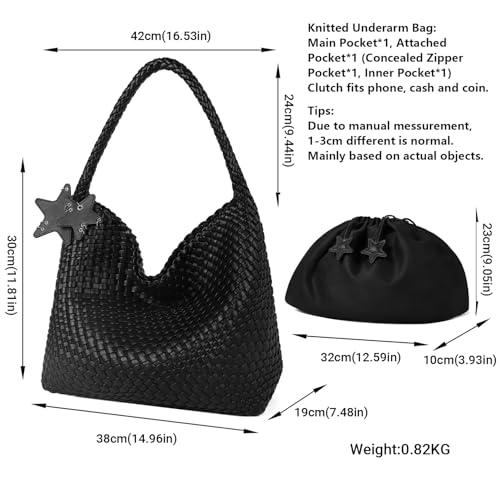 Queenoris Fashion Woven Purse for Women Top-handle Shoulder Bag Soft Summer Hobo Tote Bag (Black) - Image 3