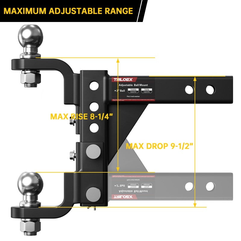 Triloex Adjustable Trailer Hitch Ball Mount, Fits 2" Receiver, 2" Tow Ball, 9-1/2" Drop&8-1/4" Rise, 7500lbs Heavy Duty Hitch with Screw-in Locking Pin - Image 4