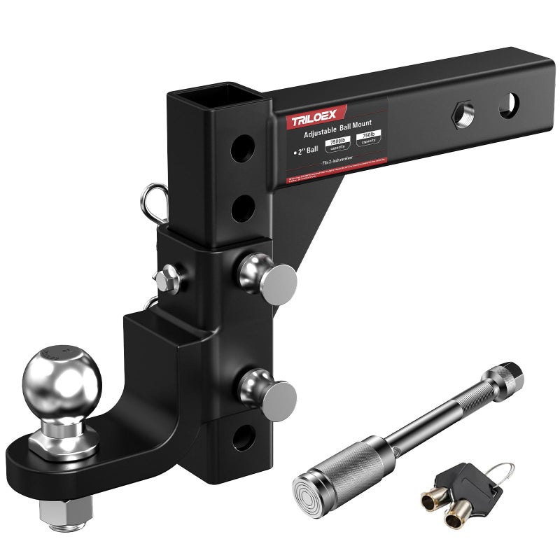 Triloex Adjustable Trailer Hitch Ball Mount, Fits 2" Receiver, 2" Tow Ball, 9-1/2" Drop&8-1/4" Rise, 7500lbs Heavy Duty Hitch with Screw-in Locking Pin - Image 1