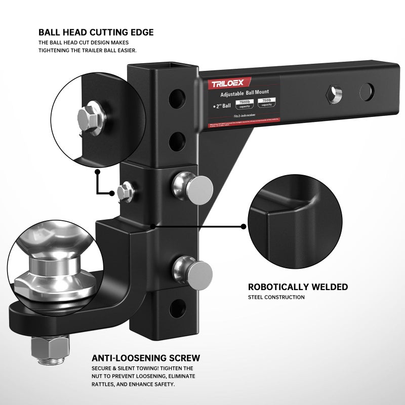 Triloex Adjustable Trailer Hitch Ball Mount, Fits 2" Receiver, 2" Tow Ball, 9-1/2" Drop&8-1/4" Rise, 7500lbs Heavy Duty Hitch with Screw-in Locking Pin - Image 3