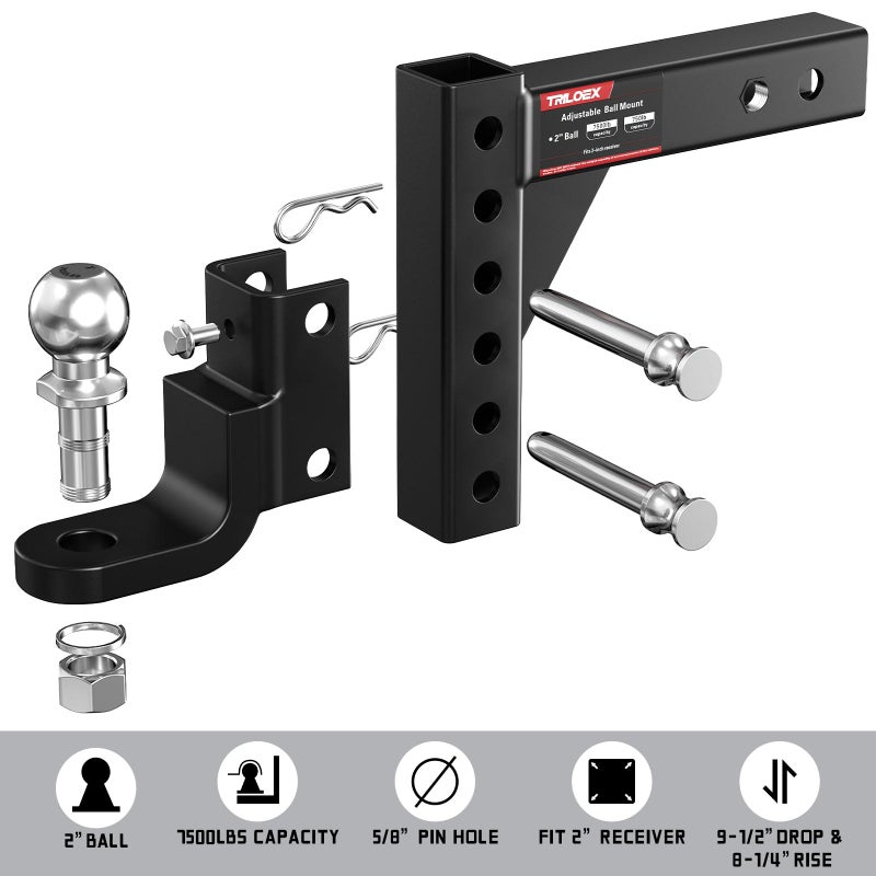 Triloex Adjustable Trailer Hitch Ball Mount, Fits 2" Receiver, 2" Tow Ball, 9-1/2" Drop&8-1/4" Rise, 7500lbs Heavy Duty Hitch with Screw-in Locking Pin - Image 2