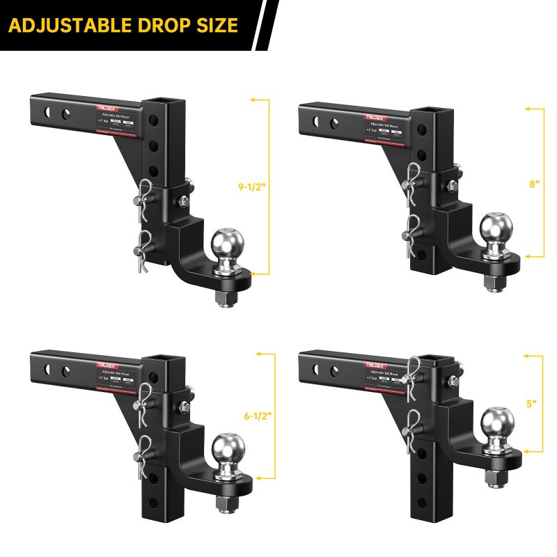Triloex Adjustable Trailer Hitch Ball Mount, Fits 2" Receiver, 2" Tow Ball, 9-1/2" Drop&8-1/4" Rise, 7500lbs Heavy Duty Hitch with Screw-in Locking Pin - Image 5