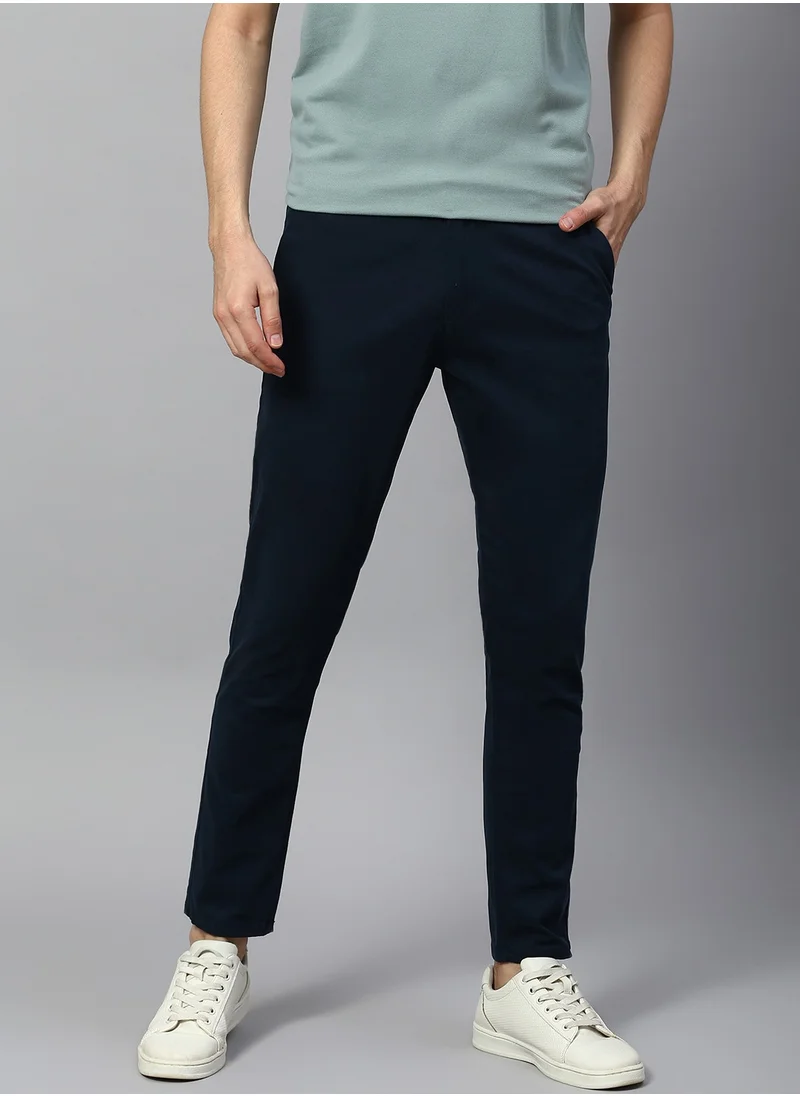 دينيس لينغو Men's Tapered Fit Royal Blue Cotton Chinos - Mid-Rise, Full Length, Button & Zip Closure