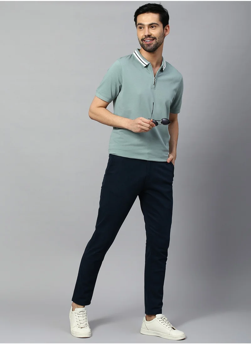 دينيس لينغو Men's Tapered Fit Royal Blue Cotton Chinos - Mid-Rise, Full Length, Button & Zip Closure