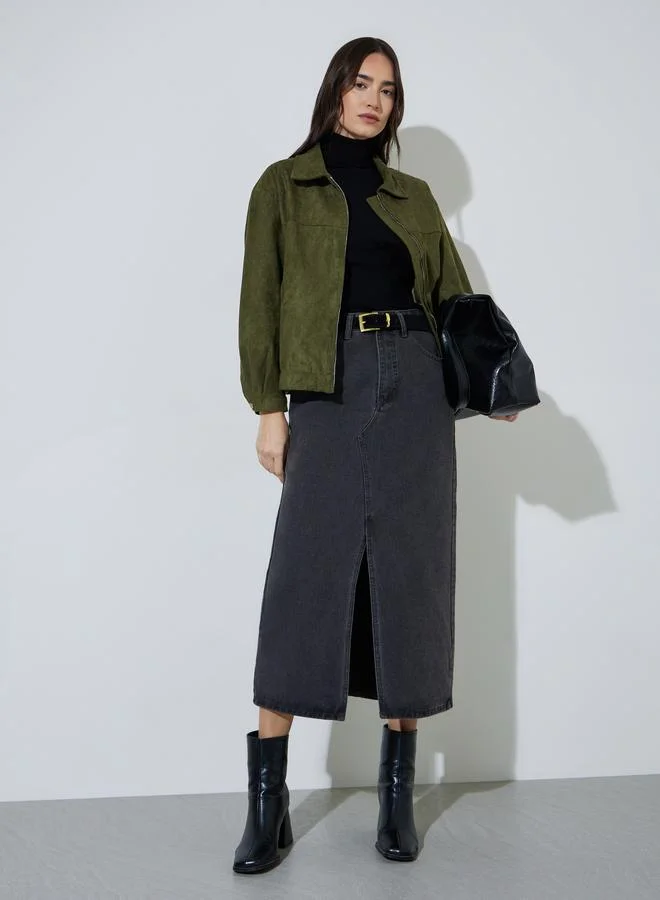 Styli Olive Regular Fit Suede-Look Biker Jacket