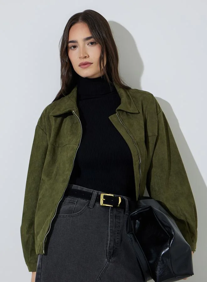 Styli Olive Regular Fit Suede-Look Biker Jacket