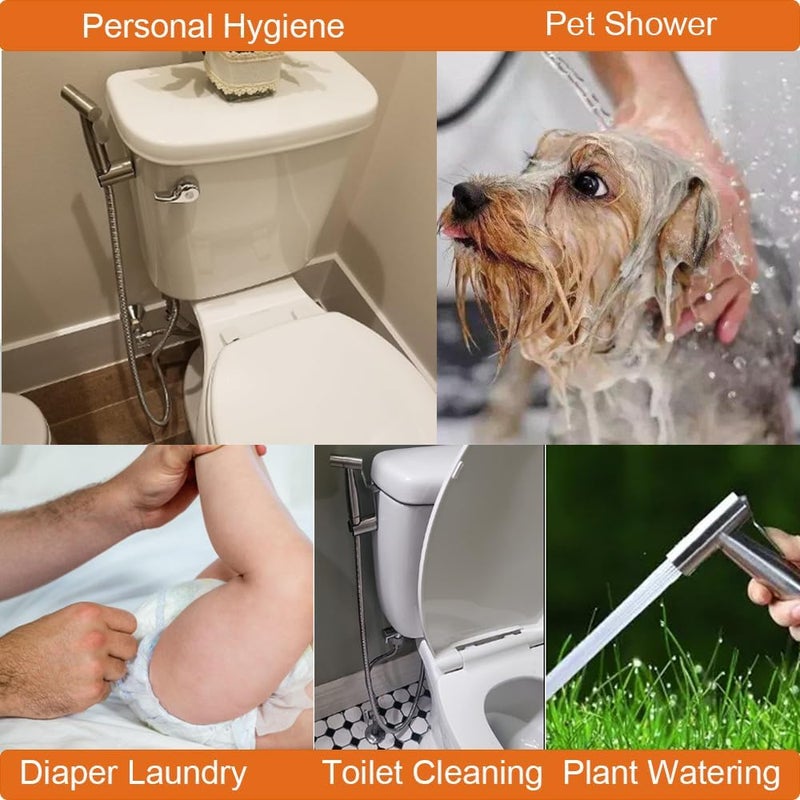 ZipSeven Handheld Toilet Bidet Sprayer for Toilet Stainless Steel Bathroom Bidet Sprayer Set Jet Sprayer Bidet Spray Hoses Kit Cloth Diaper Spray for Baby and Feminine Wash - Black (Silver) - Image 5