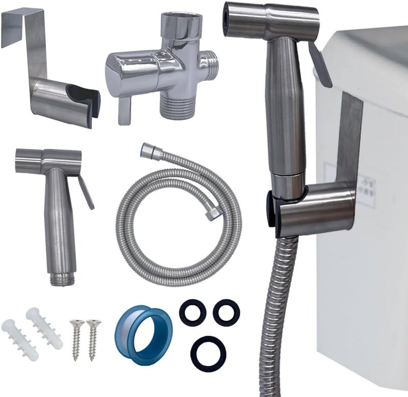 ZipSeven Handheld Toilet Bidet Sprayer for Toilet Stainless Steel Bathroom Bidet Sprayer Set Jet Sprayer Bidet Spray Hoses Kit Cloth Diaper Spray for Baby and Feminine Wash - Black (Silver) - Image 1