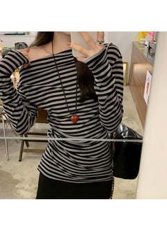 Shoulder Bared Long Sleeve Womens Base Shirt Inner Wear Merino Wool Striped Commute Style Comfortable Fit T-Shirt for Autumn Winter black gray bar