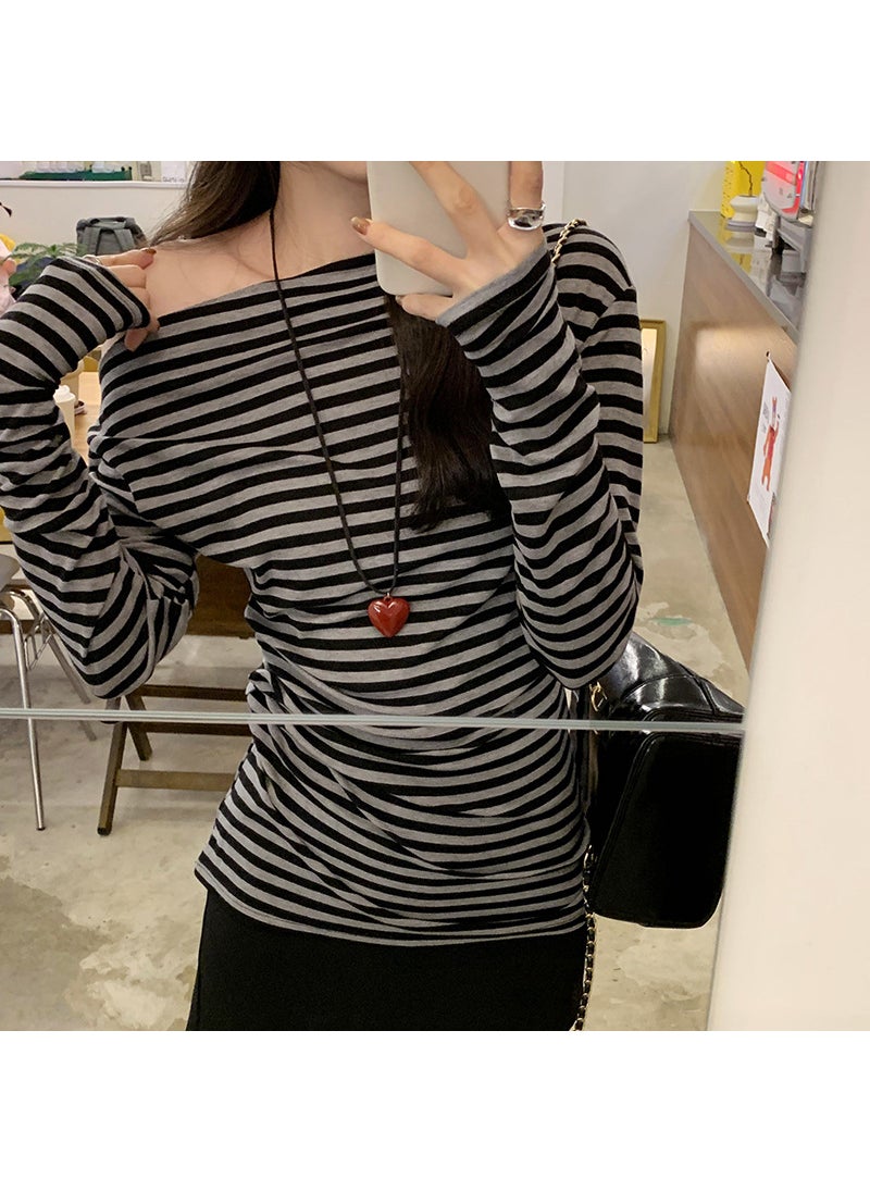 Generic - Shoulder Bared Long Sleeve Womens Base Shirt Inner Wear Merino Wool Striped Commute Style Comfortable Fit T-Shirt for Autumn Winter black gray bar - Image 1