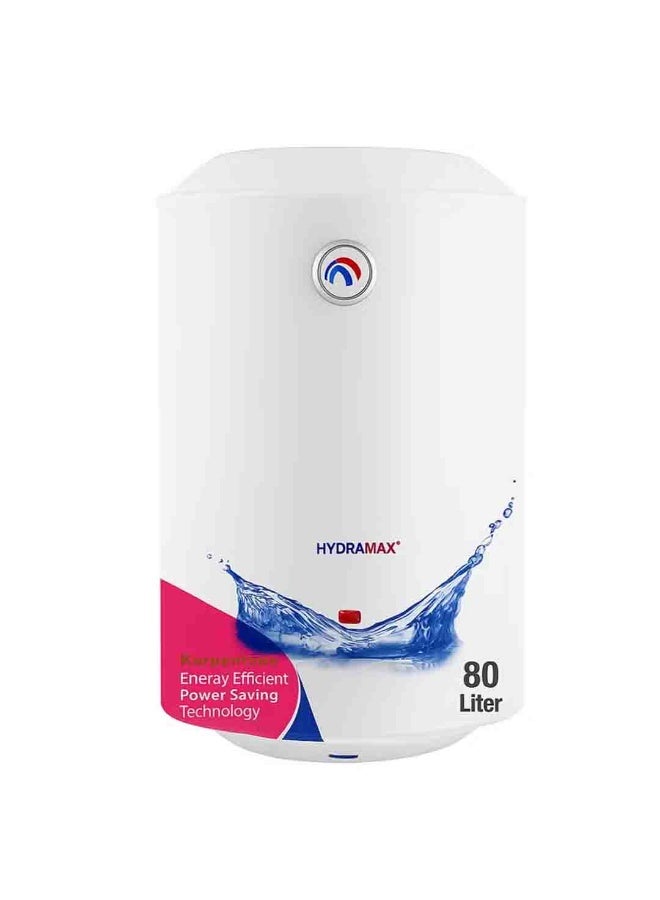 هايدراماكس سخان مياه كهربائي للتخزين هيدراماكس 80 لتر، تركيب عمودي – مكوّنات إيطالية، موفر للطاقة، مزود بترموستات أمان، باللون الأبيض - Image 1