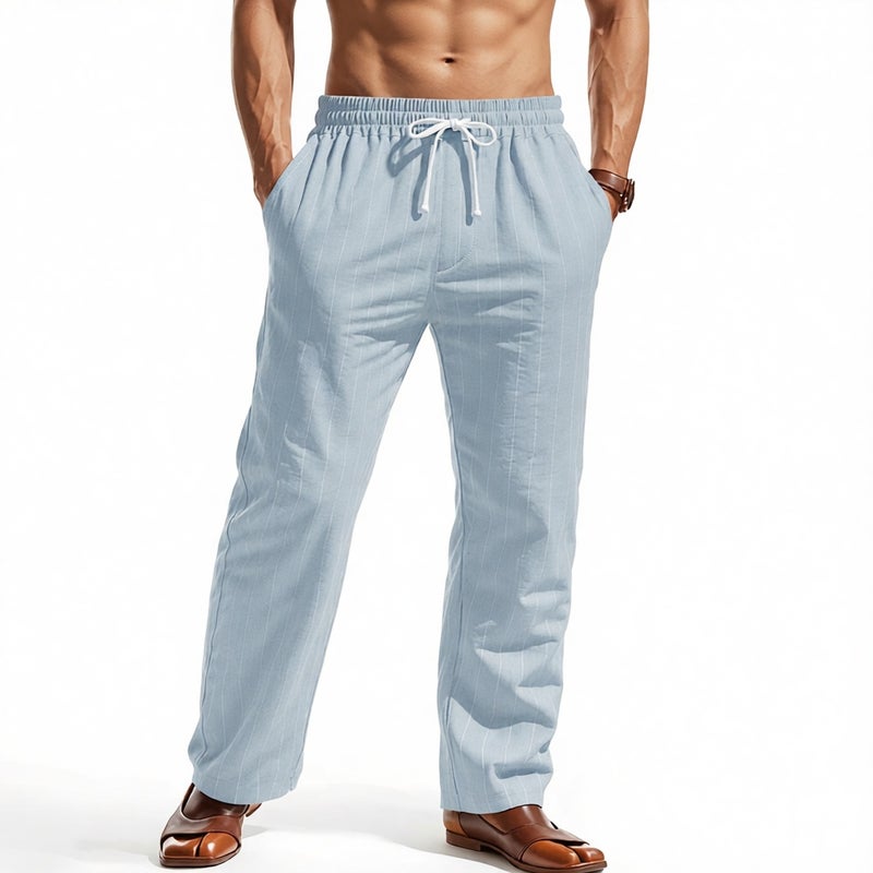 Men Casual Drawstring Striped Straight Leg Outdoor Beach Pants Comfortable Loose Breathable - Image 1