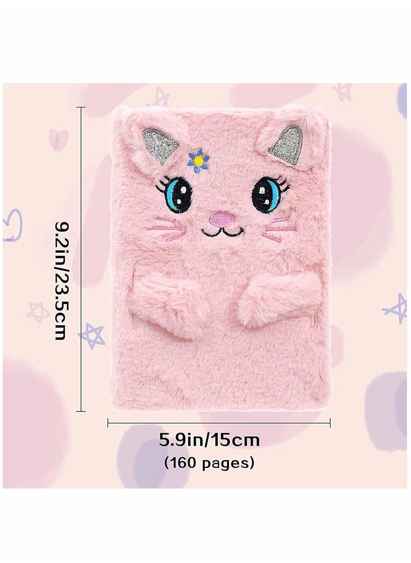 Y&D - Plush Cat Diary Notebook, Cute Fluffy Pink Journal Set for Kids Girls Secret Diaries Writing and Drawing, Office Supplies,160 Pages - Image 1