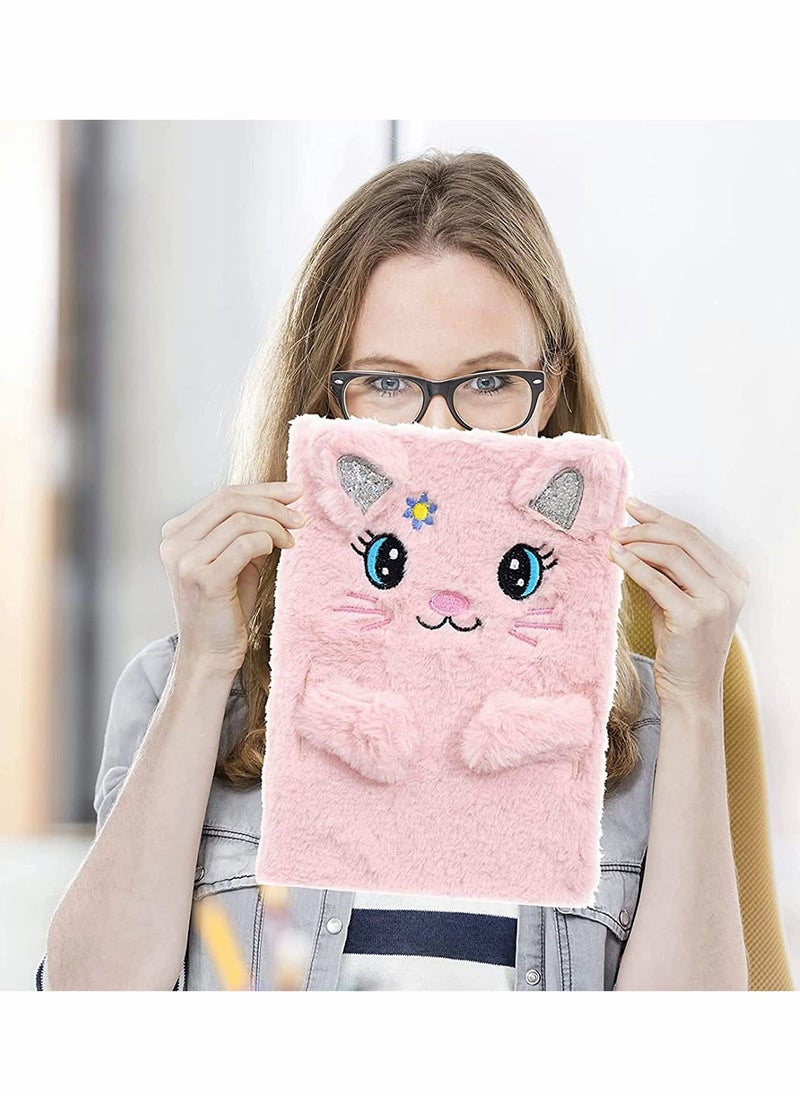 Y&D - Plush Cat Diary Notebook, Cute Fluffy Pink Journal Set for Kids Girls Secret Diaries Writing and Drawing, Office Supplies,160 Pages - Image 1