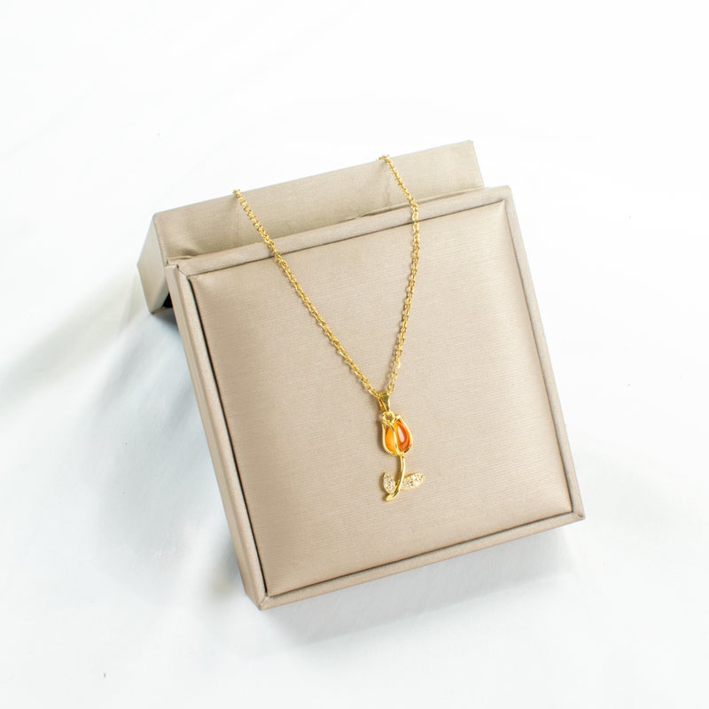 Golden Stainless Steel Orange Rose Pendant Necklace
