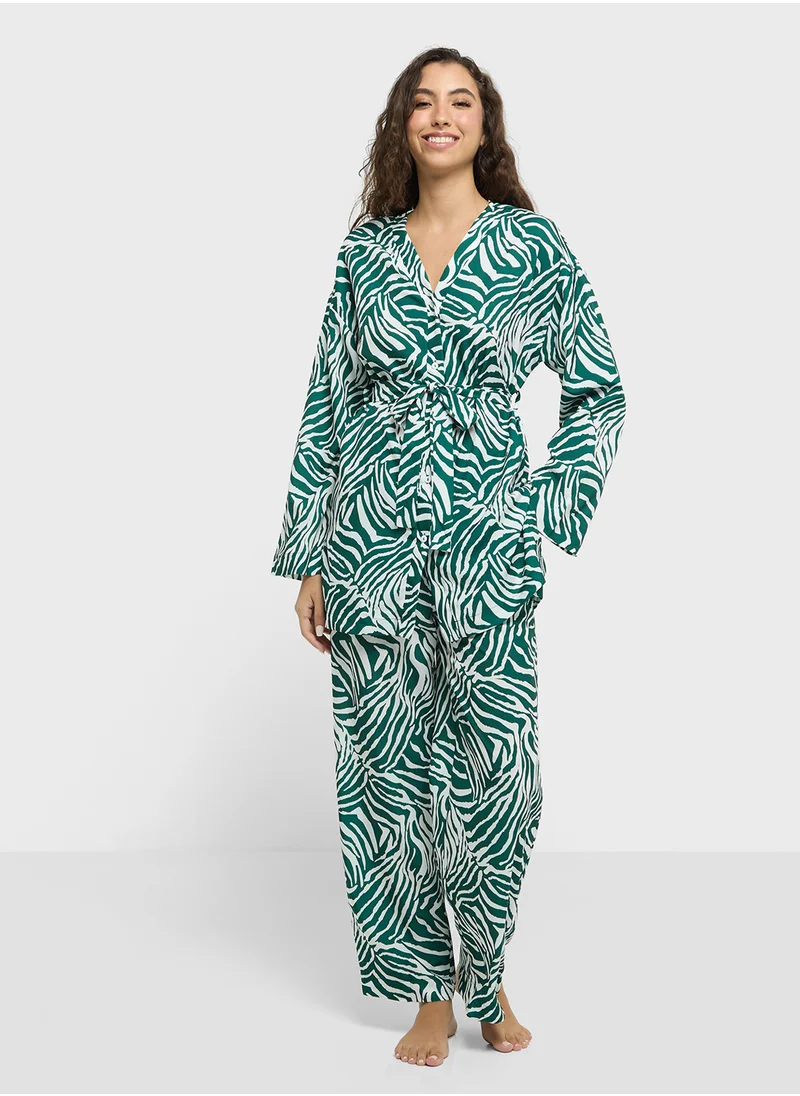 جينجر Animal Print Oversize Shirt & Pant Co-ord Set