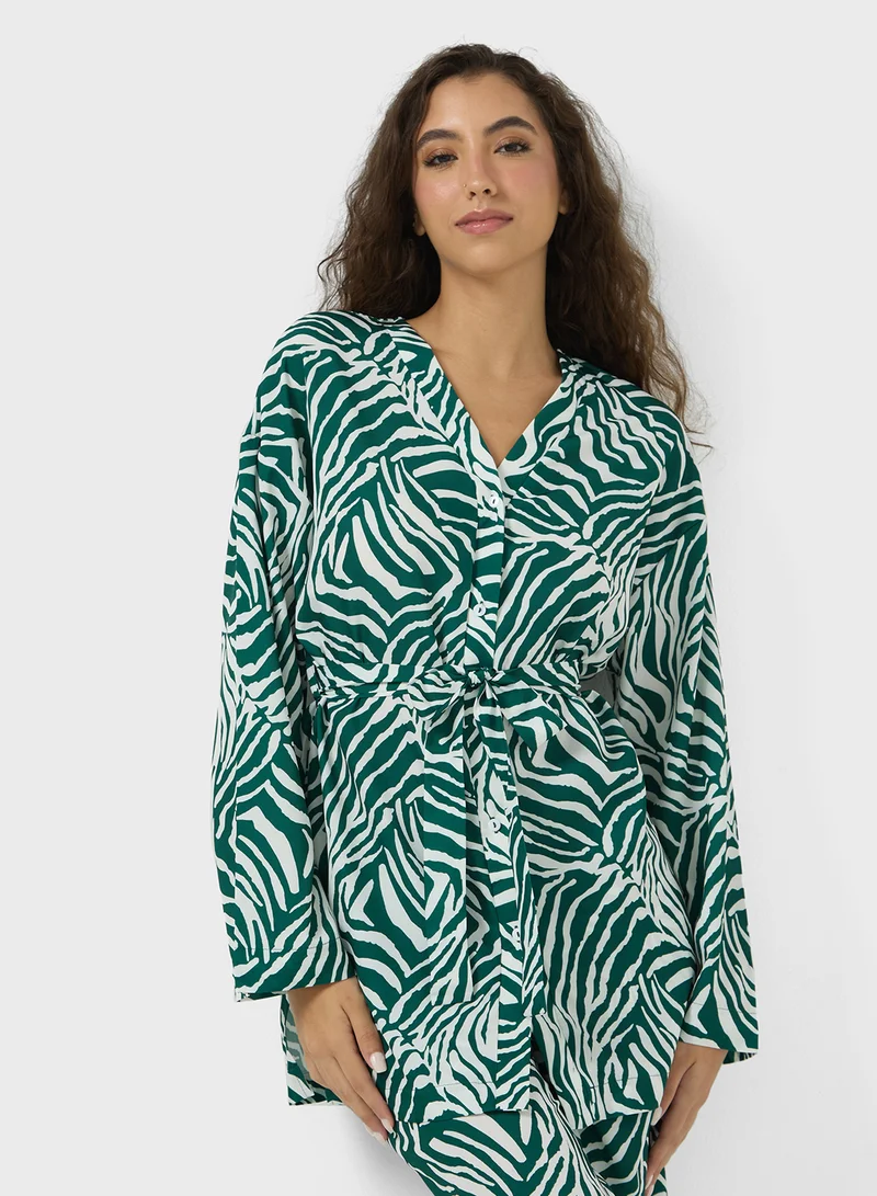 جينجر Animal Print Oversize Shirt & Pant Co-ord Set