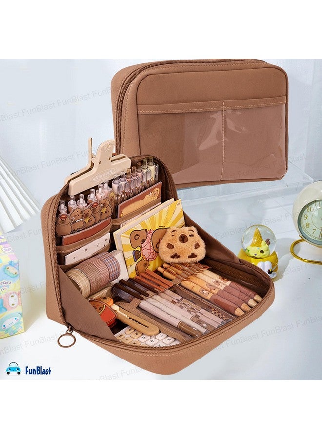 فنبلاست حافظة أقلام فن بلاست للأطفال - حقيبة أقلام كبيرة بسحاب للأطفال والكبار، حقيبة متعددة الأغراض للقرطاسية للأطفال، حقيبة مكياج، حقيبة أدوات تجميل (لون القهوة) - Image 2