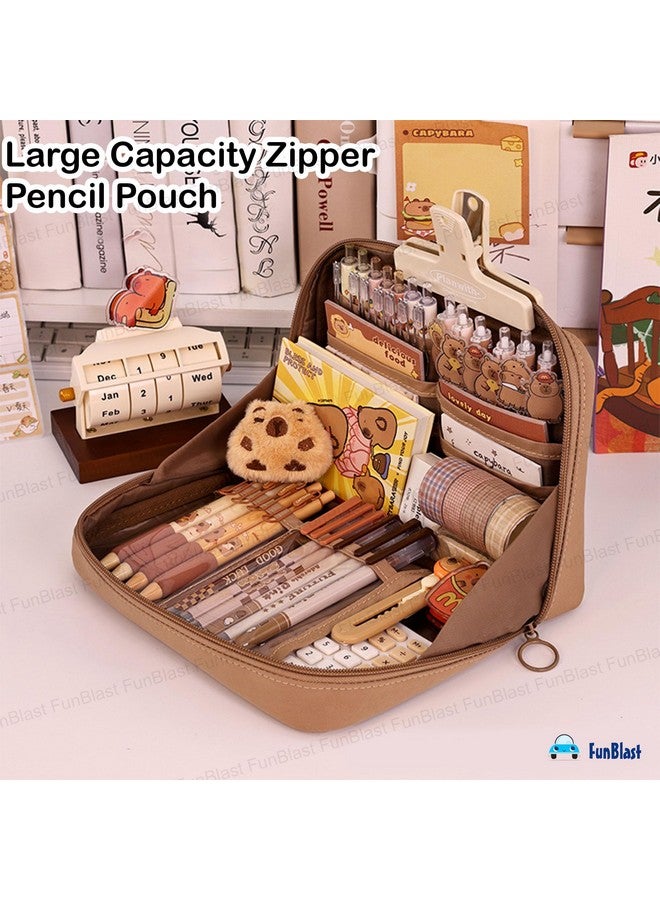فنبلاست حافظة أقلام فن بلاست للأطفال - حقيبة أقلام كبيرة بسحاب للأطفال والكبار، حقيبة متعددة الأغراض للقرطاسية للأطفال، حقيبة مكياج، حقيبة أدوات تجميل (لون القهوة) - Image 4