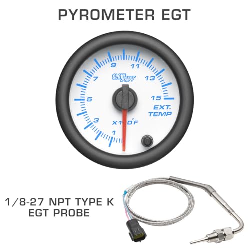 GLOWSHIFT مجموعة عدادات ديزل GlowShift البيضاء 7 ألوان - 60 PSI ضغط - 1500 فهرنهايت لقياس درجة حرارة غاز العادم EGT - درجة حرارة ناقل الحركة - قرص أبيض - عدسة شفافة - 2-1/16" 52 مم - Image 4