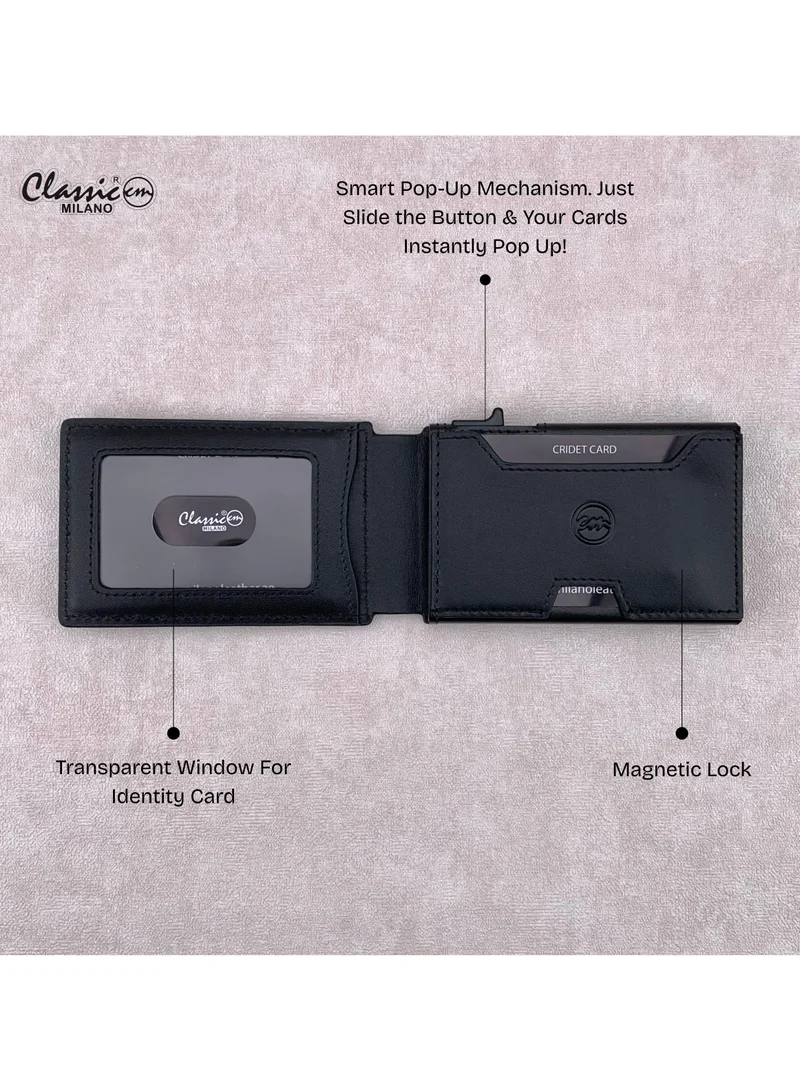 Classic Milano Black (6128#) Classic Milano Credit Card Holder RFID Blocking Genuine Leather Pop Up Card Wallet for Men with ID Window, Card Slots and Magnetic Closure  | Best Price UAE