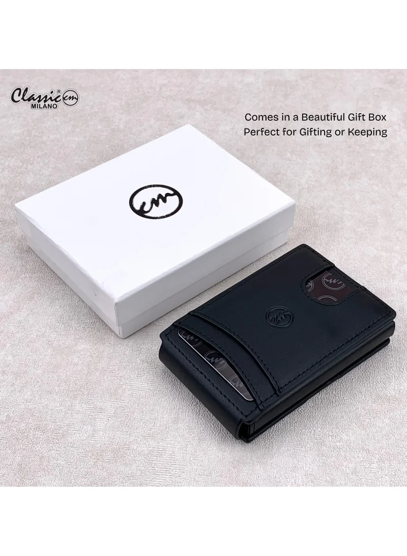 Classic Milano Black (6128#) Classic Milano Credit Card Holder RFID Blocking Genuine Leather Pop Up Card Wallet for Men with ID Window, Card Slots and Magnetic Closure  | Best Price UAE