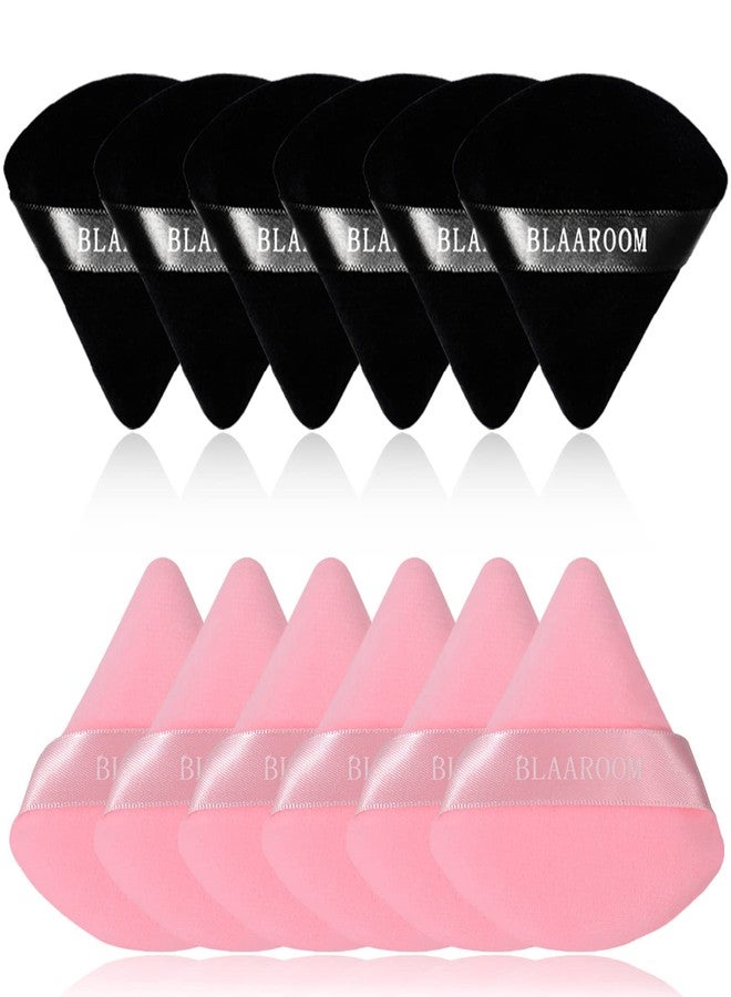BLAAROOM 12 Pieces Velour Pure Cotton Powder Puff Face Makeup Triangle Powder Puffs for Loose Powder Wet Dry Cosmetic Foundation Beauty Sponge Makeup Tools -Black & Pink - Image 1