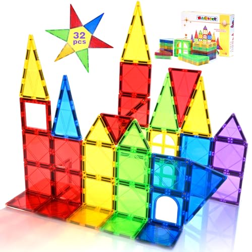 Magblock Magnetic Tiles Toys for Kids Preschool Learning Magnetic Blocks Sensory Montessori Toys Set All Pieces with Magnets Ideal STEM Educational Construction Gifts for 3 Year Old Boys and Girls 32PCS - Image 1