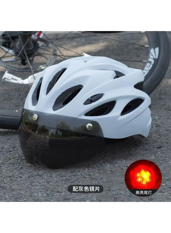 Professional Grade Summer Bicycle Helmet with Magnetic Suction Goggles, HD Eyepiece, Night Riding Tail Light, Men's Windproof Sandproof, Frosted Ivory White