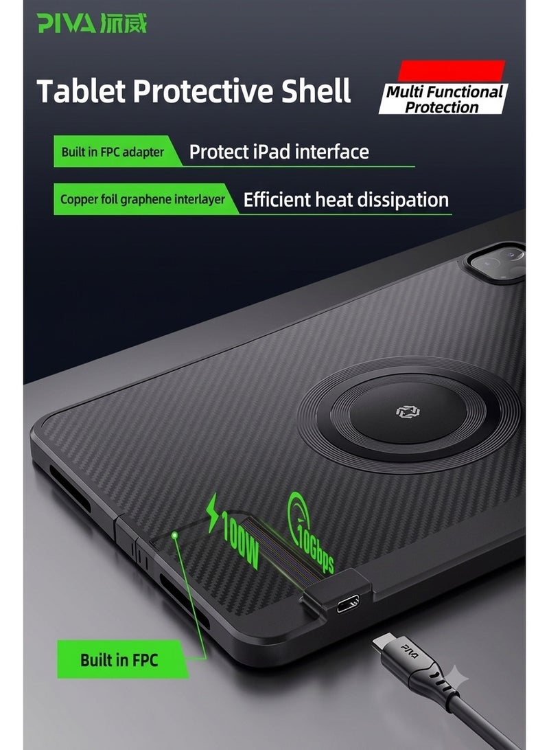 PIVA Gaming 3-in-1 iPad Protective Case with FPC Tail Plug, Built-In Magnetic Ring for Cooler Attachment, PD 100W Fast Charging, 10Gbps Data Transfer, 4K 60Hz Video Output, Carbon Fiber TPU Cover, Compatible with Magnetic Coolers for iPad Pro 11-inch 2024/2025 M4/M5 - Image 3
