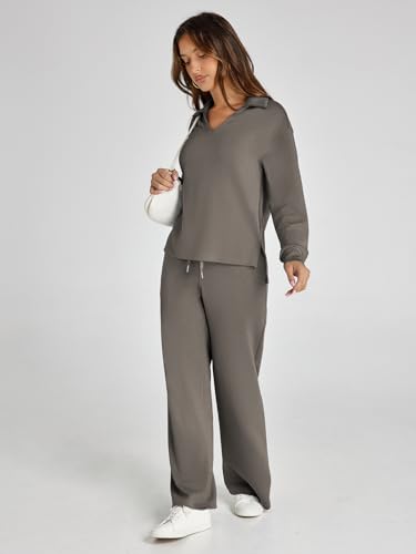 Glamaker Womens Set 2 Piece Outfit Casual Long Sleeve Polo Neck Pants Sets Sweatsuits Wrinkle Resistant Travel Sets Fall Outfits (Medium Grey Green L) - Image 5